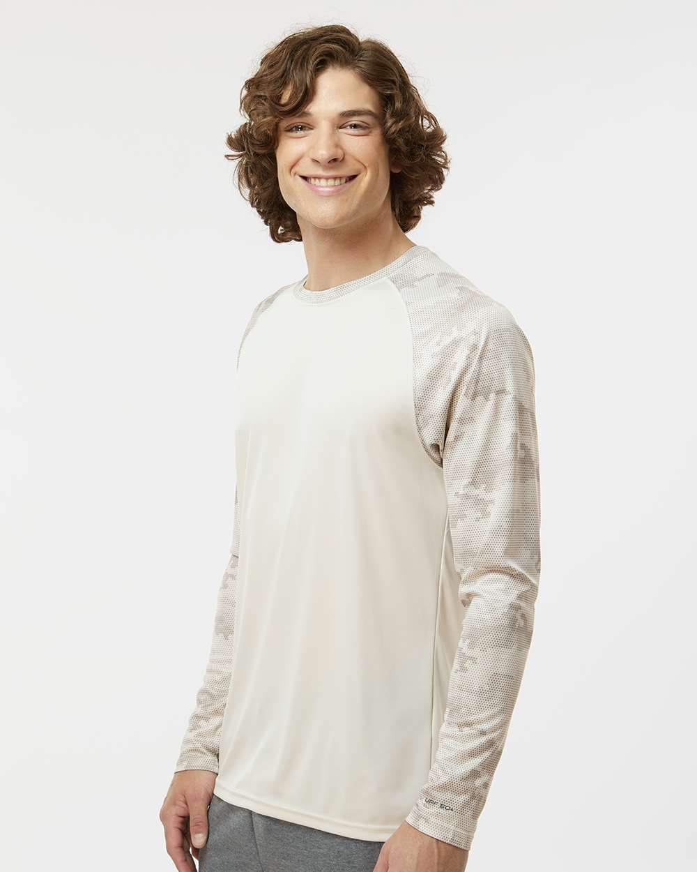Unisex Cayman Performance Camo Colorblocked Long Sleeve T-Shirt - OnModelSide - B10371242 - Sand