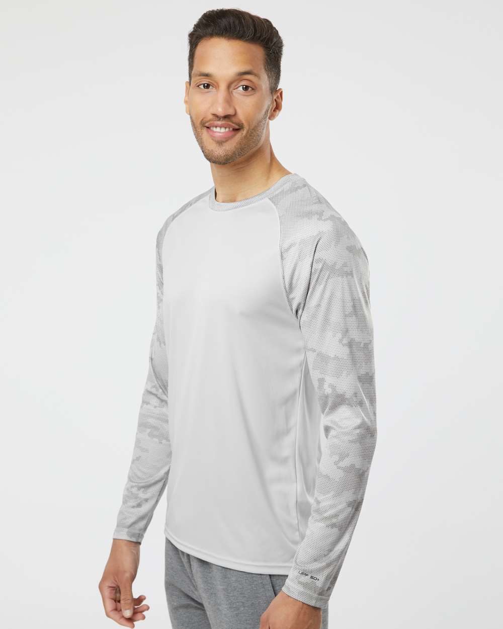 Unisex Cayman Performance Camo Colorblocked Long Sleeve T-Shirt - OnModelSide - B10371352 - Aluminum