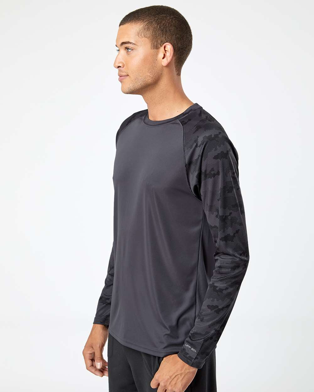 Unisex Cayman Performance Camo Colorblocked Long Sleeve T-Shirt - OnModelSide - B10371582 - Graphite