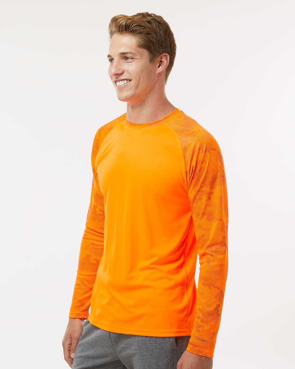 Unisex Cayman Performance Camo Colorblocked Long Sleeve T-Shirt - OnModelSide - B10371662 - Neon Orange