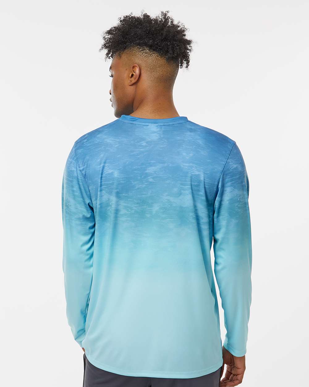 Unisex Montauk Oceanic Fade Performance Long Sleeve T-Shirt - OnModelBack - B10871263 - Blue Aqua Fade
