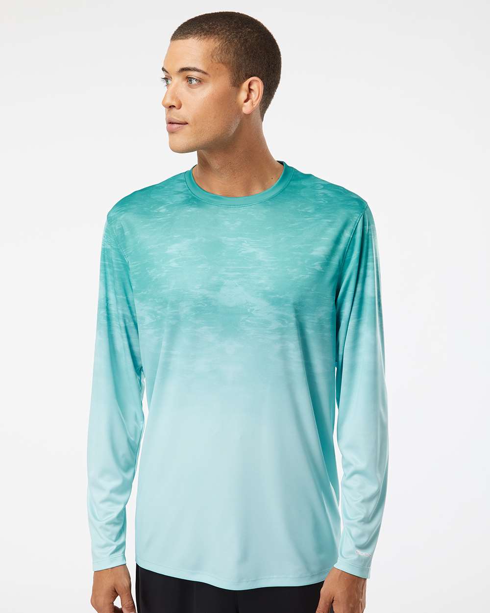 Unisex Montauk Oceanic Fade Performance Long Sleeve T-Shirt - OnModelFront - B10871172 - Aqua Fade