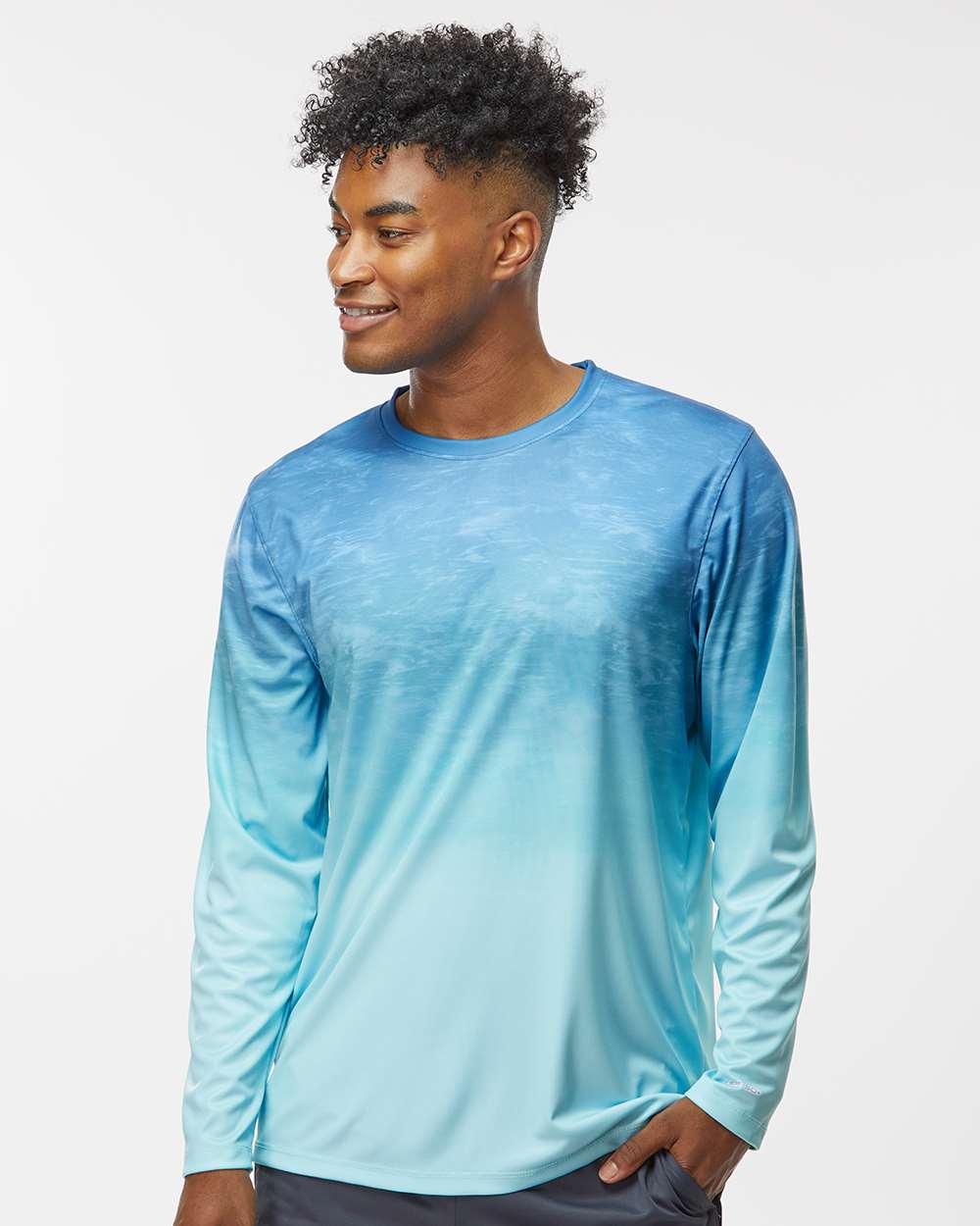 Unisex Montauk Oceanic Fade Performance Long Sleeve T-Shirt - OnModelFront - B10871263 - Blue Aqua Fade