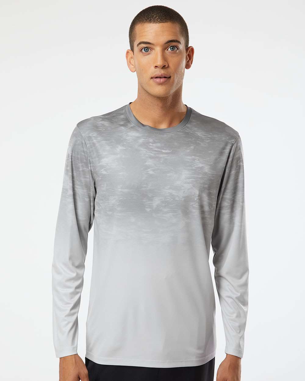 Unisex Montauk Oceanic Fade Performance Long Sleeve T-Shirt - OnModelFront - B10871352 - Aluminum Fade