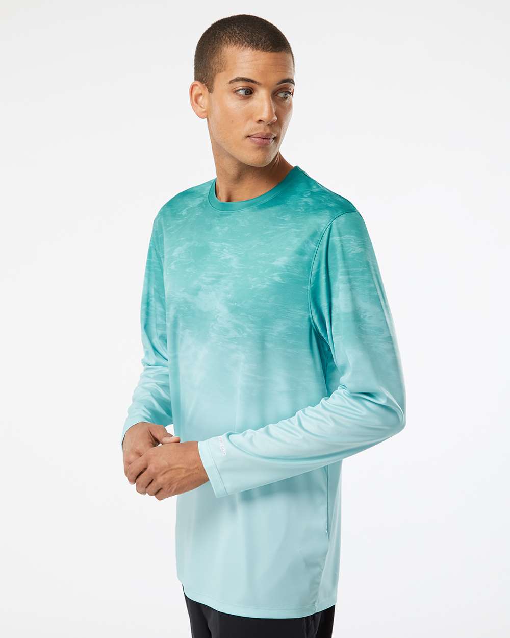 Unisex Montauk Oceanic Fade Performance Long Sleeve T-Shirt - OnModelSide - B10871172 - Aqua Fade