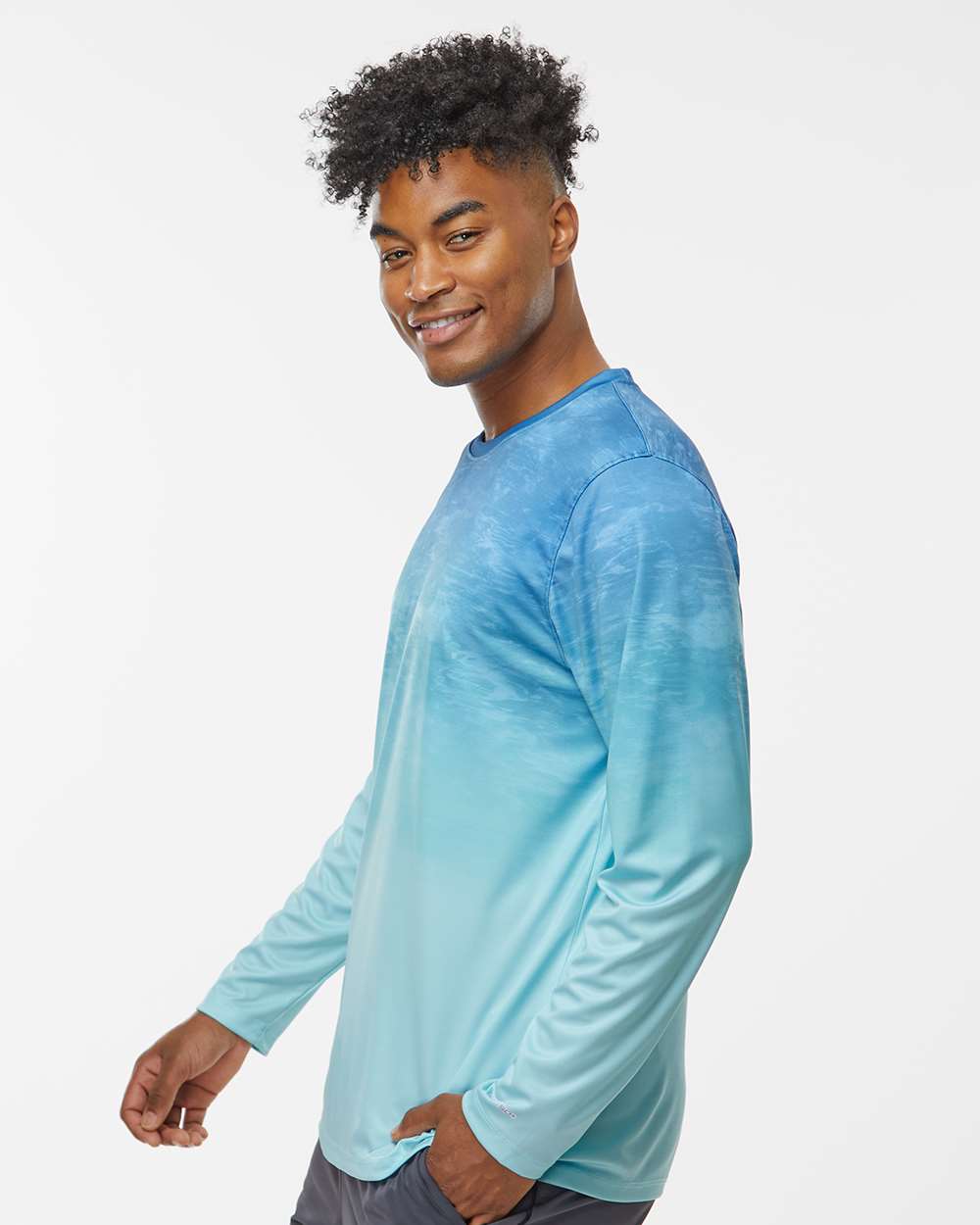 Unisex Montauk Oceanic Fade Performance Long Sleeve T-Shirt - OnModelSide - B10871263 - Blue Aqua Fade