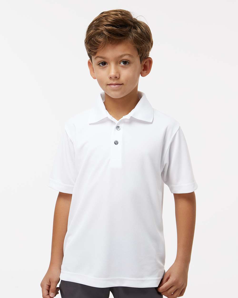 Youth Saratoga Performance Mini Mesh Polo - OnModelFront - B11171002 - White