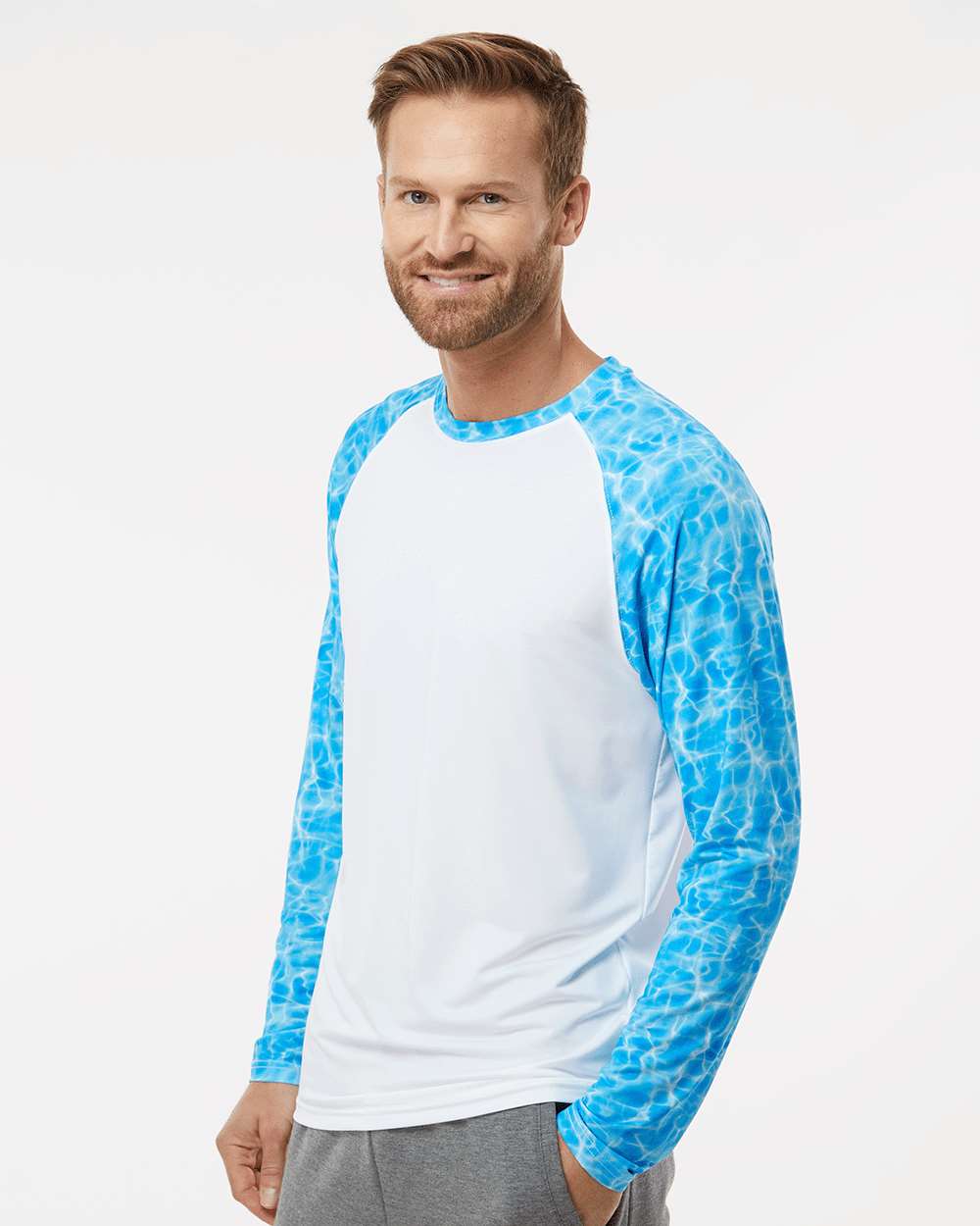 Men's Panama Colorblocked Long Sleeve T-Shirt - OnModelSide - B14371532 - Blue Water