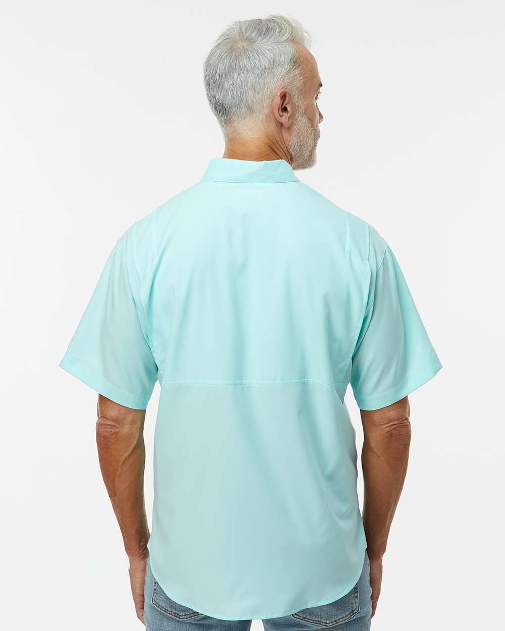 Men's Hatteras Performance Short Sleeve Fishing Shirt - OnModelBack - B15771173 - Aqua Blue
