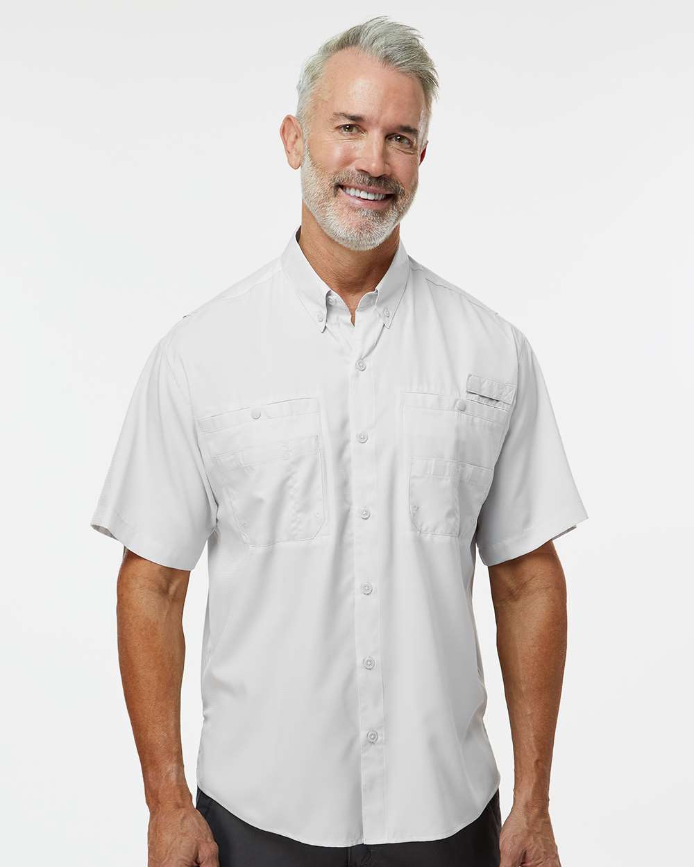 Men's Hatteras Performance Short Sleeve Fishing Shirt - OnModelFront - B15771093 - Aluminum
