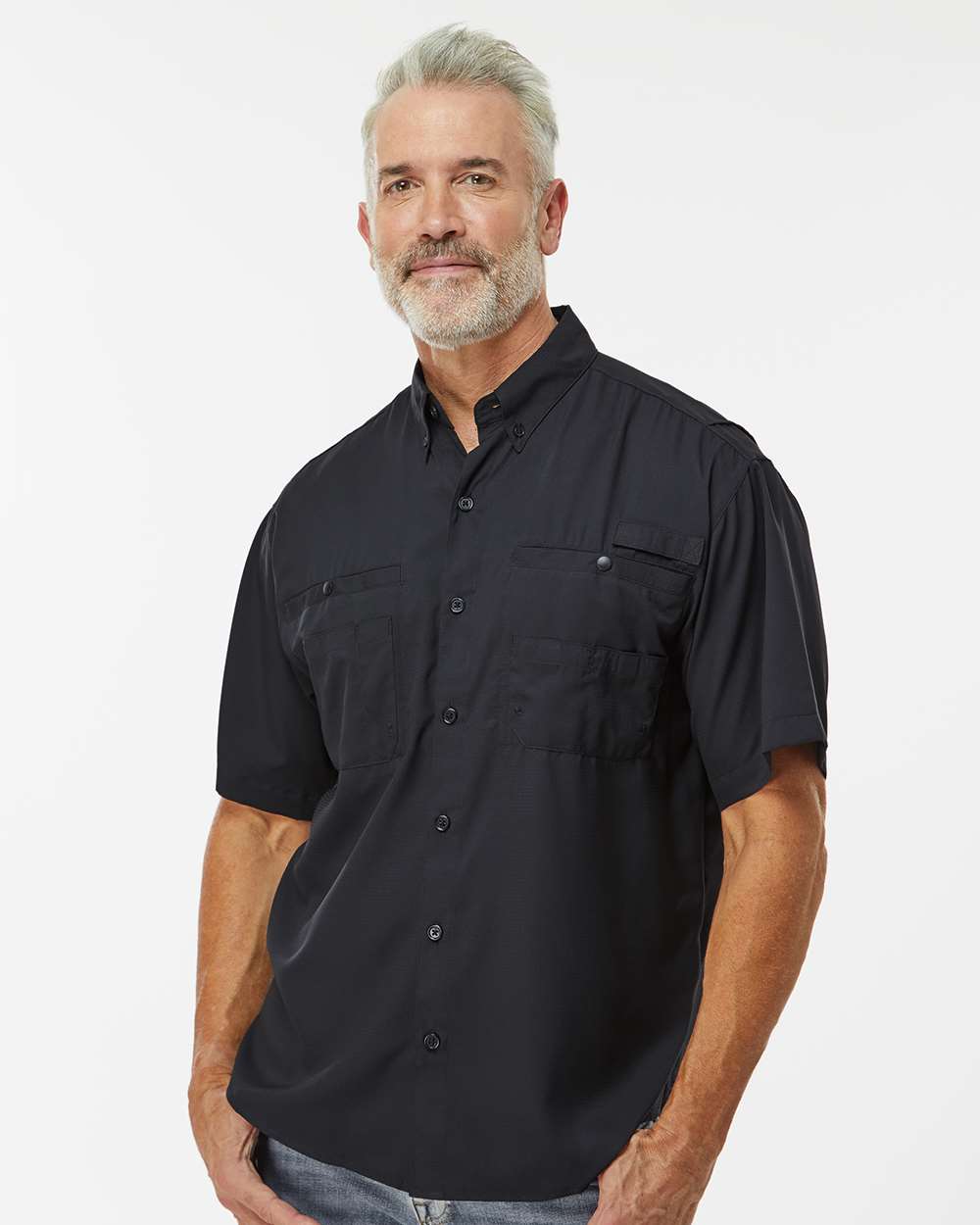Men's Hatteras Performance Short Sleeve Fishing Shirt - OnModelFront - B15771503 - Black