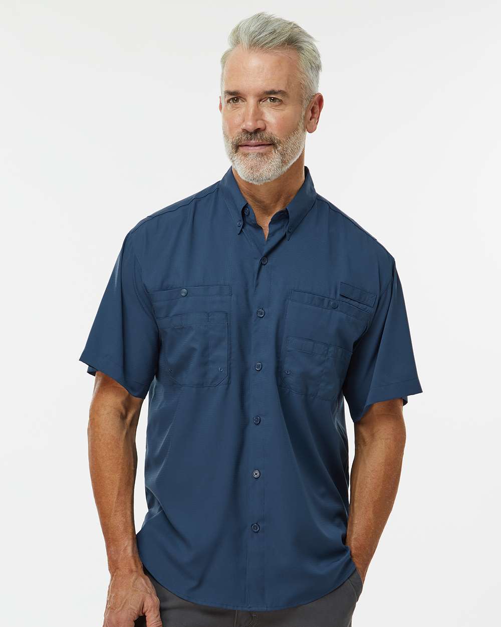 Men's Hatteras Performance Short Sleeve Fishing Shirt - OnModelFront - B15771653 - Navy