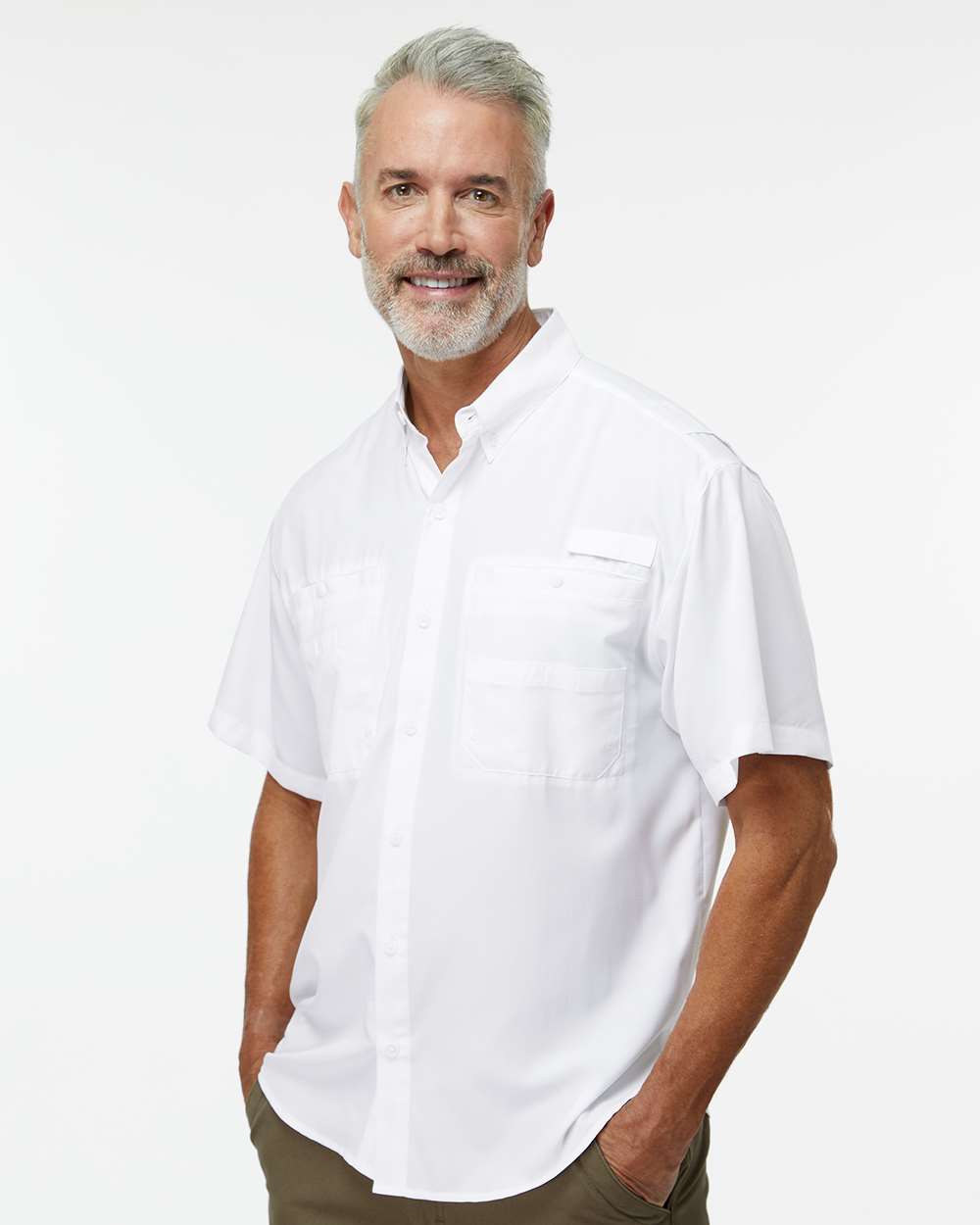 Men's Hatteras Performance Short Sleeve Fishing Shirt - OnModelSide - B15771003 - White