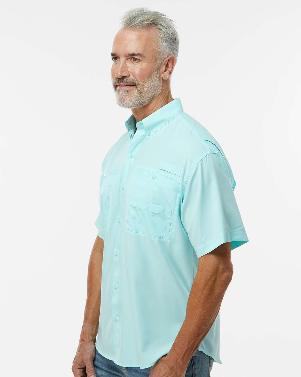 Men's Hatteras Performance Short Sleeve Fishing Shirt - OnModelSide - B15771173 - Aqua Blue