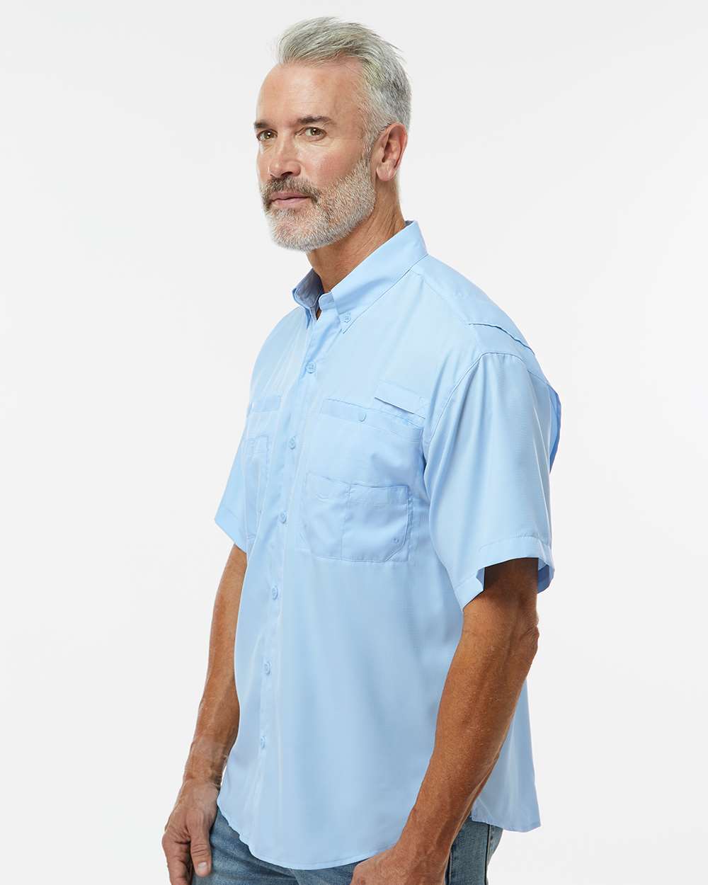 Men's Hatteras Performance Short Sleeve Fishing Shirt - OnModelSide - B15771253 - Blue Mist