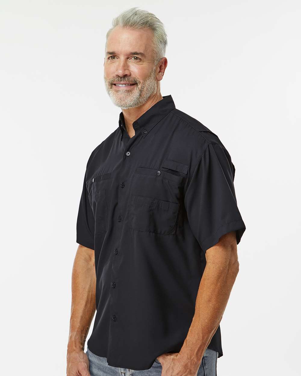 Men's Hatteras Performance Short Sleeve Fishing Shirt - OnModelSide - B15771503 - Black